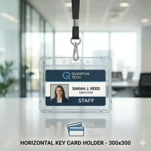 Horizontal orientation key card holder showing a standard employee ID badge inserted.