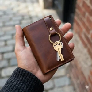 A person holding a slim black leather wallet with keyring.