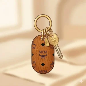 A stylish mcm keychain designed as a leather animal charm accessory for luxury handbags.