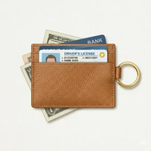 Brown leather card cases with keychain showing various credit cards and a driver's license.