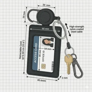 Close-up of the heavy-duty retractable cord on a durable id card holder keychain.