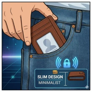 A minimalist and slim id card wallet being tucked easily into a front pants pocket to show its compact size.