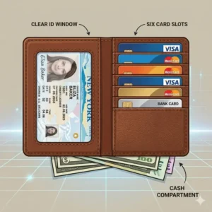 Inside view of an id card wallet showing six card slots and a dedicated compartment for folded cash.