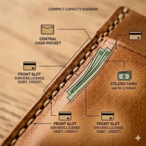 A functional diagram showing the storage capacity for cards and cash within these leather card holders.