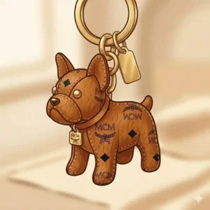 Detailed view of the high-quality gold-toned clasp and ring on an authentic mcm keychain.