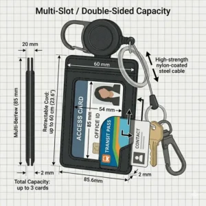 Exploded view demonstrating the multi-card storage capacity of an id card holder keychain.