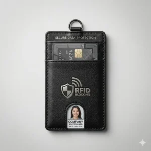 Illustration showing an rfid blocking id card card holder protecting personal data from electronic theft.