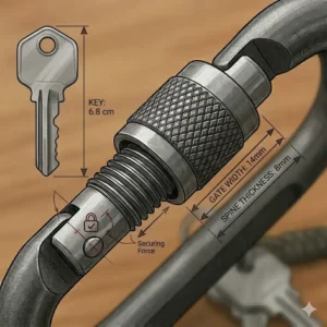 Dimensional drawing showing the exact measurements and scale of the keychain carabiner locking compared to a key.