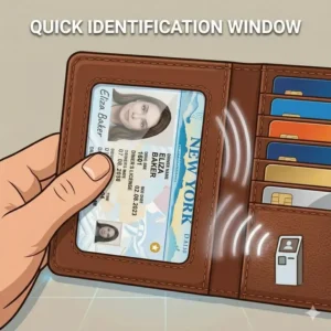 Detail shot of the transparent ID window in a black id card wallet for quick identification display.