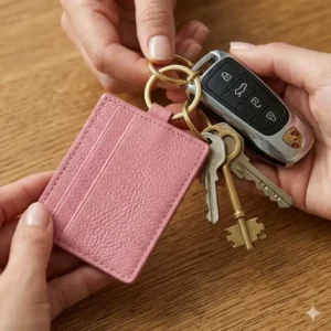 Compact pink card cases with keychain secured to a set of car keys and a remote fob.