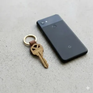 Minimalist leather wallet with keyring shown next to a smartphone for size reference.