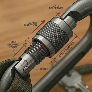 Practical demonstration of a keychain carabiner locking being used to secure gear to a tactical belt loop.