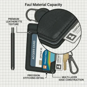 Detailed texture and stitching of a high-quality leather id card holder keychain.