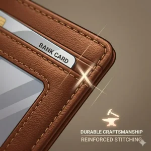 Macro view of the reinforced stitching and high-quality material used in a handmade id card wallet.