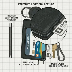 Illustration showing various attachment options for an id card holder keychain on bags and belts