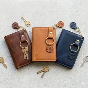 A collection of leather wallet with keyring in tan, black, and navy blue leather.