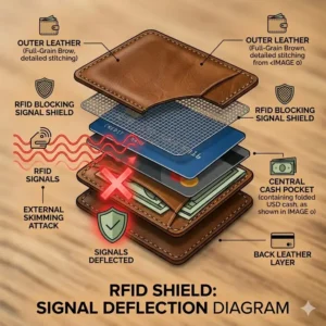 A visual guide showcasing the different leather finishes and colors available for the leather card holders.