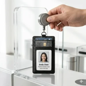 A retractable badge reel attached to a clear id card card holder for easy scanning at security gates.