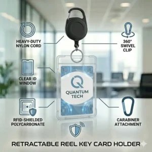Retractable carabiner reel attached to a key card holder for easy tap-and-go access.