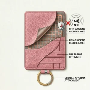 Technical illustration of the internal RFID blocking layer inside card cases with keychain.