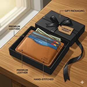 An illustration of leather card holders presented in luxury gift packaging with a ribbon.