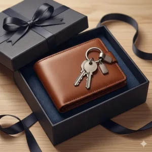 A premium leather wallet with keyring presented in a luxury gift box with a ribbon.