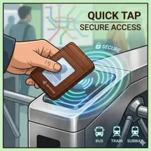 A person using an id card wallet to tap a transit card at a subway turnstile for easy commuting.