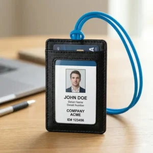Lightweight colorful silicone id card card holder with a matching neck strap.