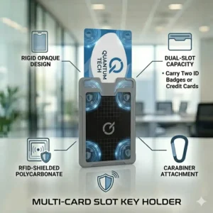 A rigid key card holder featuring dual slots to carry two ID badges simultaneously.