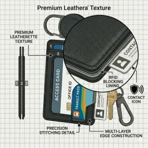 Graphic representation of the RFID blocking technology inside an id card holder keychain.