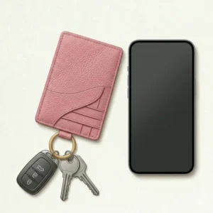 A slim version of card cases with keychain placed next to a smartphone for size comparison.