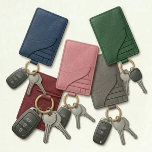 A collection of colorful card cases with keychain in navy, forest green, and burgundy shades.