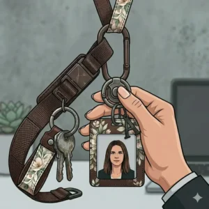 A detachable neck lanyard with a matching id holder and keychain ring.