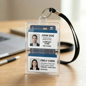 Clear double-sided id card card holder displaying two identification badges simultaneously.