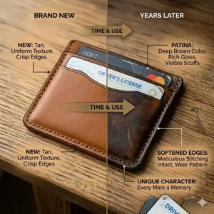 A side-by-side comparison showing how genuine leather card holders develop a beautiful patina over time.