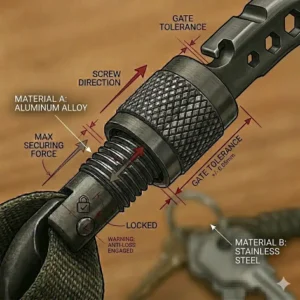 Detailed illustration of the integrated multi-tool features found on this specialized keychain carabiner locking.