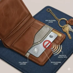 Functional diagram of an RFID-blocking leather wallet with keyring protecting digital data.