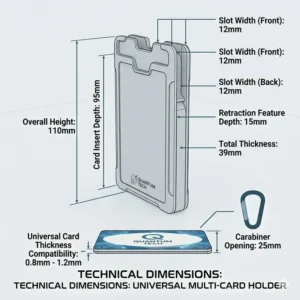 Technical diagram showing the standard dimensions of a universal key card holder.