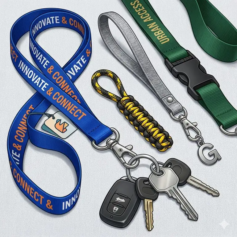 A variety of colorful fabric key ring lanyard neck straps with metal lobster claw clasps displayed on a clean white background.
