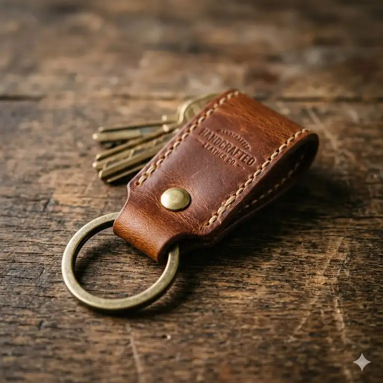A close-up shot of a premium handcrafted brown leather key chain with a brass ring on a wooden surface.