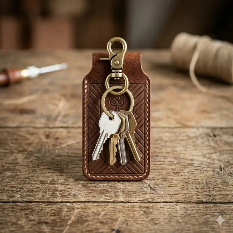 A premium handmade brown leather key holder holding a set of house keys on a rustic wooden table.