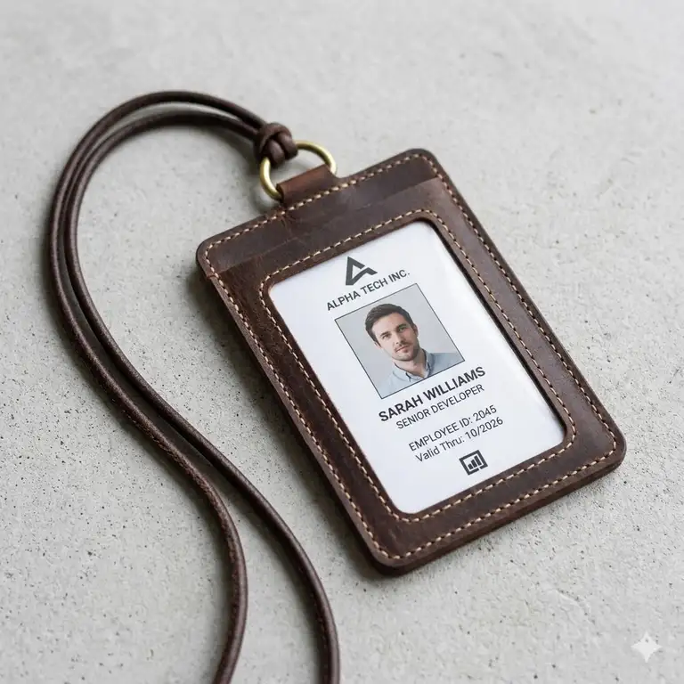 A premium brown id holder leather with a clear window and matching lanyard on a clean background.