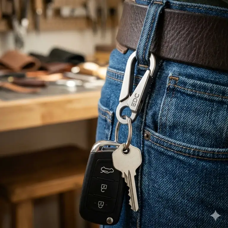 A premium titanium key clip attached to a leather belt loop holding a set of car keys.