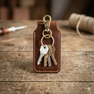 A detailed illustration showing the exact size, width, and dimensions of a compact leather key holder.