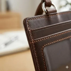 Close-up detail of the reinforced stitching on a genuine id badge card holder leather.