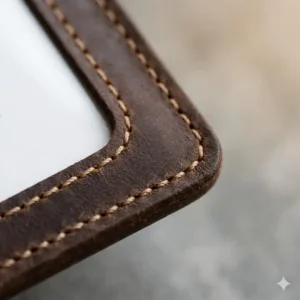 Close-up shot showing the durable reinforced stitching of a high-quality id holder leather.
