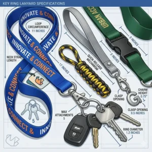 An infographic illustration showing the standard dimensions and loop length of a heavy duty key ring lanyard.