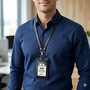 A professional man in a formal shirt wearing a black id card holder leather around his neck.