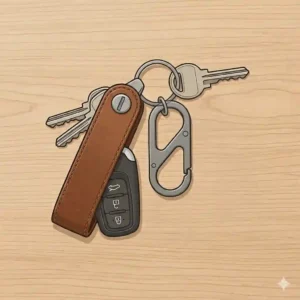 Vector illustration of a sleek, minimalist key organizer showing how multiple keys fold neatly together to eliminate jingling.