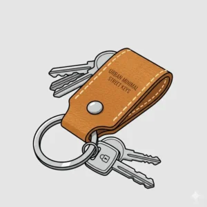 A minimalist black leather key chain with clean stitching holding silver car keys.